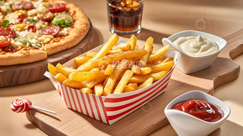 高清大图下载【趣麦麦图】纸盒装香脆薯条配啤酒的休闲小吃