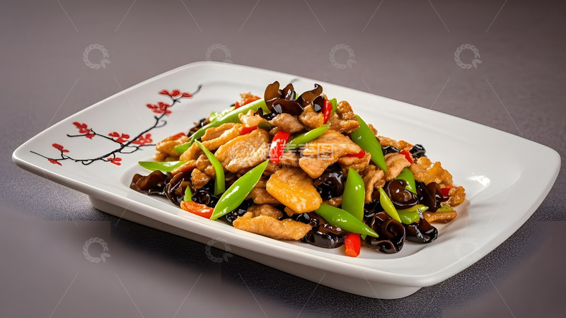 高清大图下载【趣麦麦图】精美瓷盘呈现的小炒肉与青红椒的完美搭配