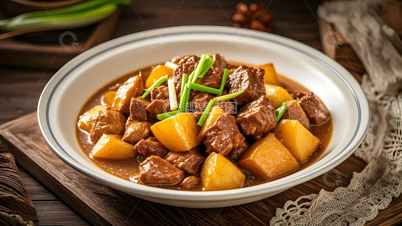 高清大图下载【趣麦麦图】土豆炖牛腩搭配蔬菜的健康美味