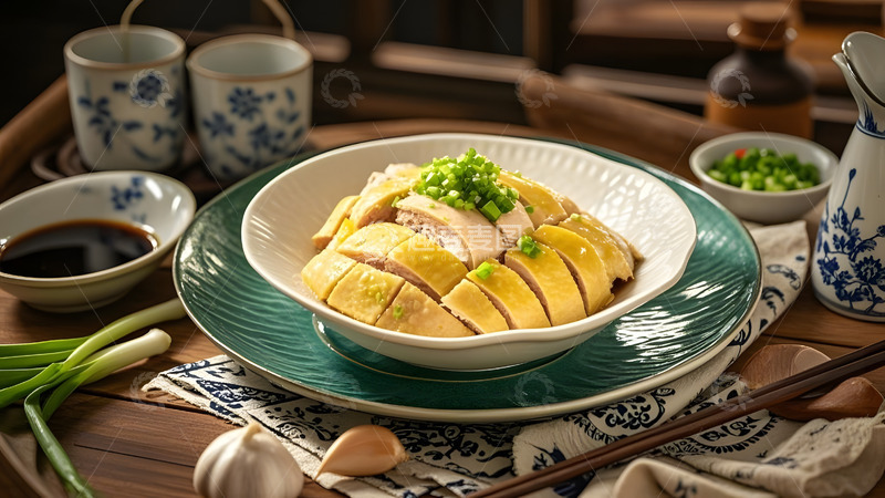 高清大图下载【趣麦麦图】广式白切鸡搭配配菜展现清淡鲜香的美味