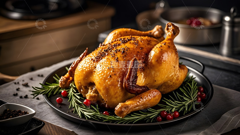 高清大图下载【趣麦麦图】金黄酥脆的香料烤鸡配番茄与新鲜香草