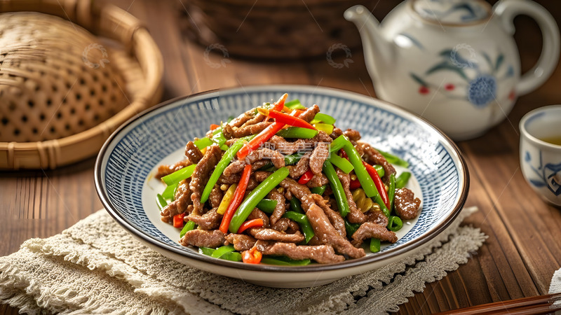 高清大图下载【趣麦麦图】乡村风味的小炒肉搭配鲜辣青红椒的美味组合