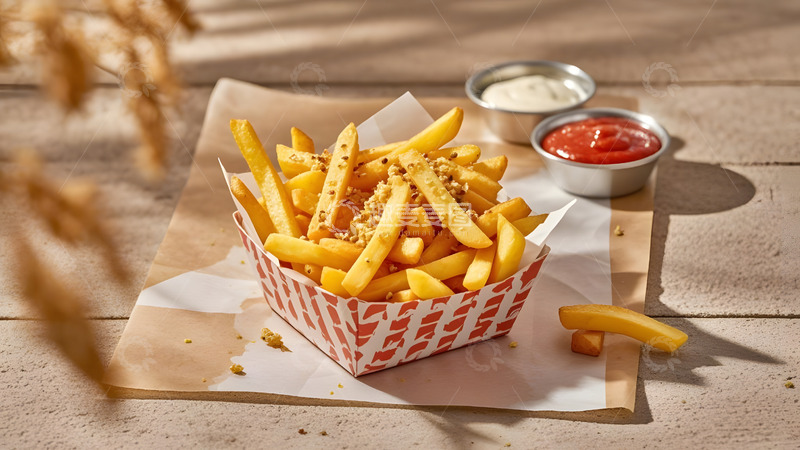 高清大图下载【趣麦麦图】炸至金黄的薯条配番茄酱的简单美味