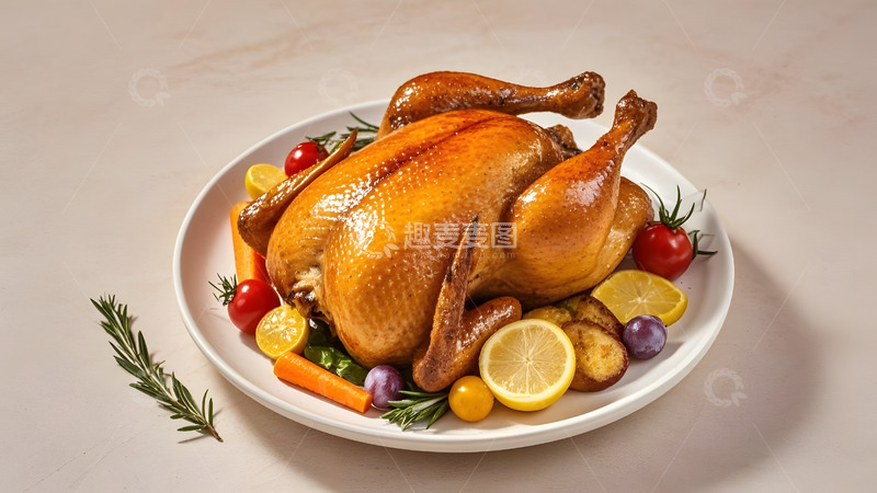 高清大图下载【趣麦麦图】鲜嫩烤鸡配香草与酱料的传统节日大餐