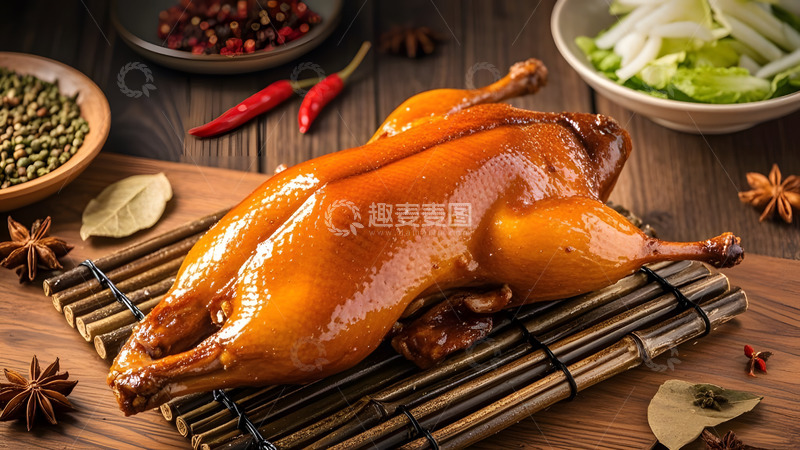 高清大图下载【趣麦麦图】全只金黄烤鸭的传统节日美味佳肴