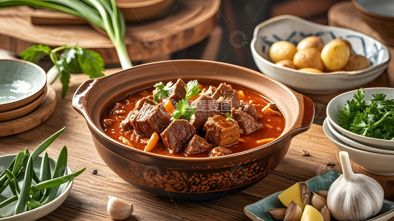 高清大图下载【趣麦麦图】乡村风格的土豆炖牛腩搭配新鲜香草点缀