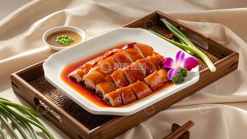 高清大图下载【趣麦麦图】经典烤鸭搭配香料与葱段的传统佳肴