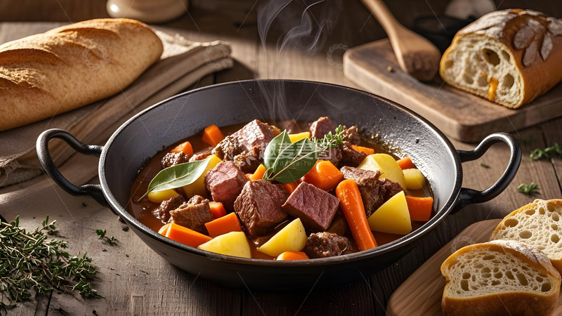 高清大图下载【趣麦麦图】浓郁酱香土豆炖牛腩搭配温暖乡村风情