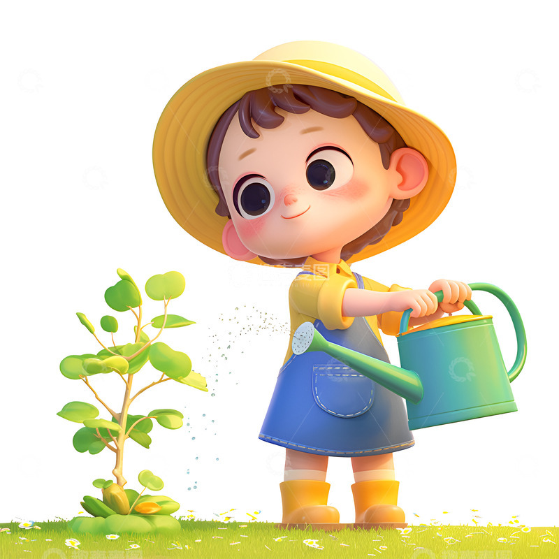 高清大图下载【趣麦麦图】卡通简约提着水壶浇树的小孩