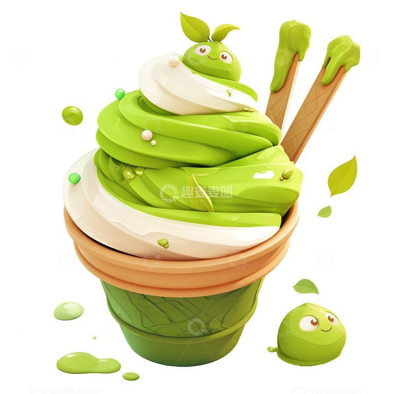 高清大图下载【趣麦麦图】卡通简约抹茶奶油纸杯冰激凌