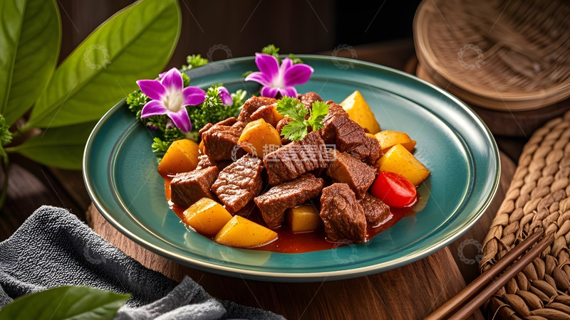 高清大图下载【趣麦麦图】土豆炖牛腩搭配鲜艳蔬菜的美食艺术