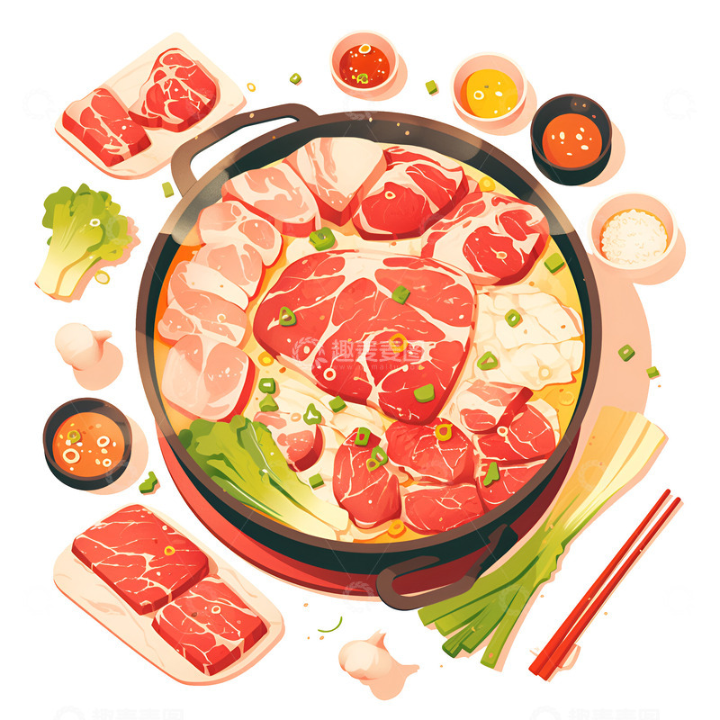 高清大图下载【趣麦麦图】卡通简约一盘牛肉火锅