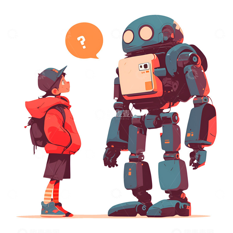 高清大图下载【趣麦麦图】卡通简约男孩和机器人交流