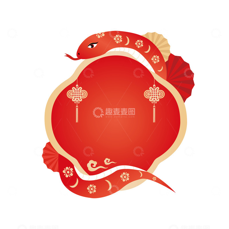 源文件下载【趣麦麦图】2025红色喜庆折扇蛇年边框元素