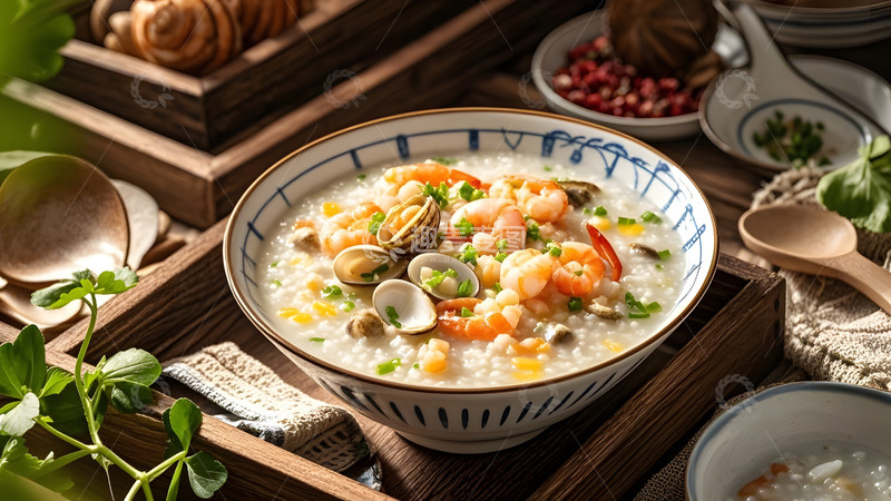 高清大图下载【趣麦麦图】清新自然背景下的海鲜粥美食摄影