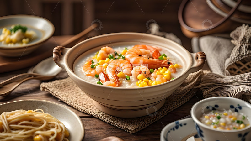 高清大图下载【趣麦麦图】乡村风格餐桌上的鲜虾海鲜粥美食