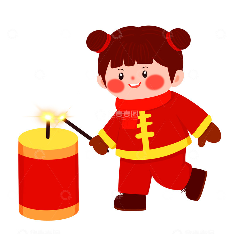 源文件下载【趣麦麦图】手绘扁平春节小女孩点爆竹
