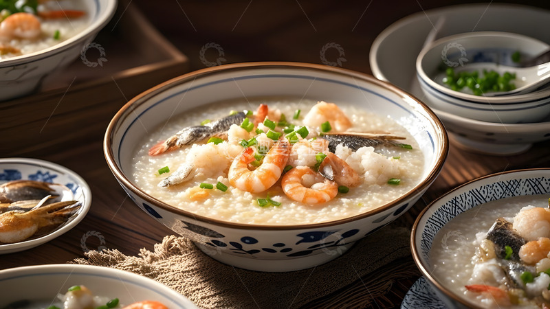 高清大图下载【趣麦麦图】陶瓷碗中丰富配料的海鲜粥美食图