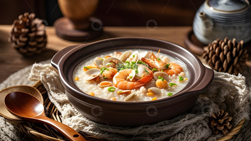 高清大图下载【趣麦麦图】温暖木质背景衬托的中式鲜虾海鲜粥
