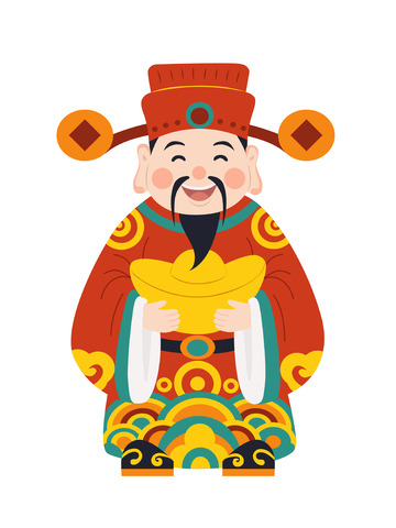 新年春节财神爷送财送金元宝卡通矢量插画