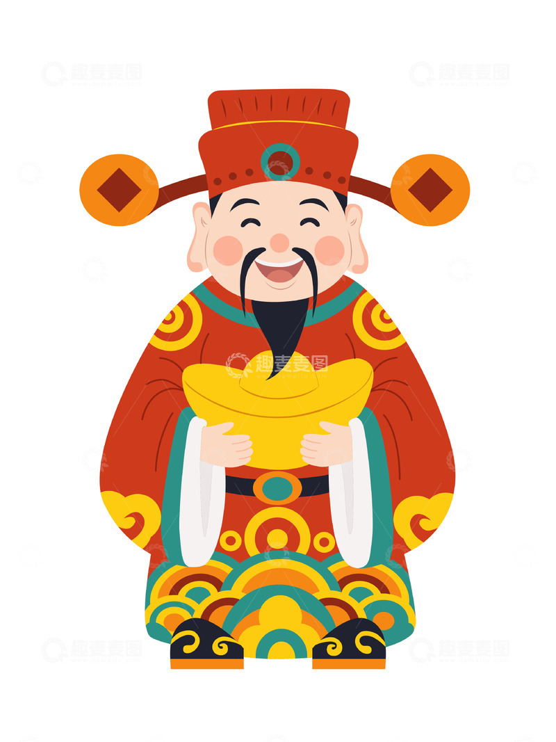 源文件下载【趣麦麦图】新年春节财神爷送财送金元宝卡通矢量插画