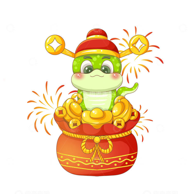 源文件下载【趣麦麦图】财神蛇年福袋烟花元宝卡通形象春节喜庆