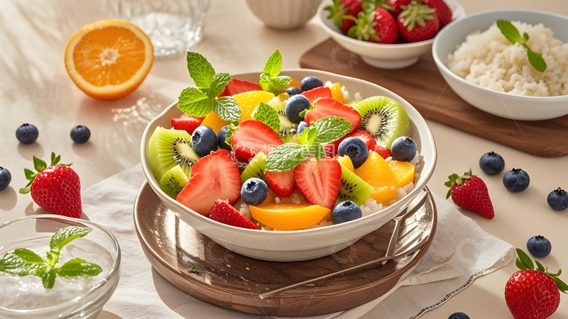 高清大图下载【趣麦麦图】鲜艳水果沙拉搭配早餐面包健康摄影图