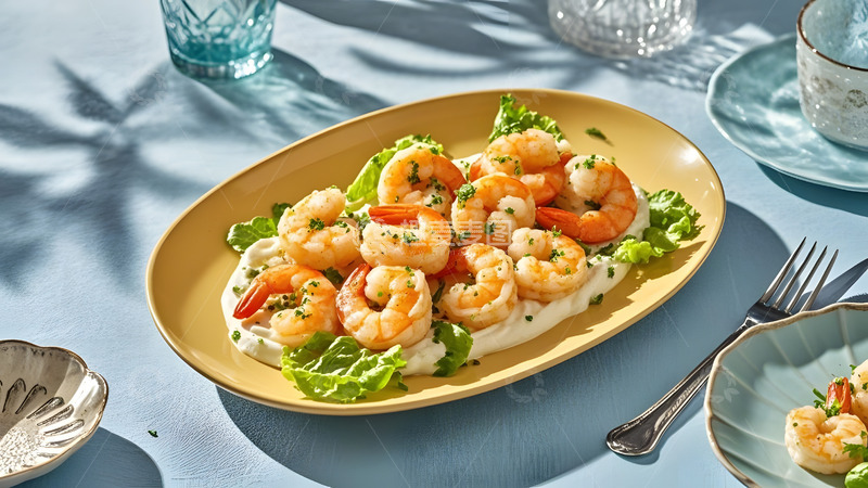 高清大图下载【趣麦麦图】阳光洒落下的中式大虾健康佳肴