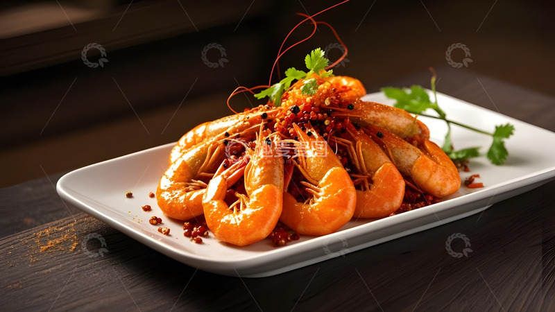 高清大图下载【趣麦麦图】热气腾腾的中式大虾与清新配菜图