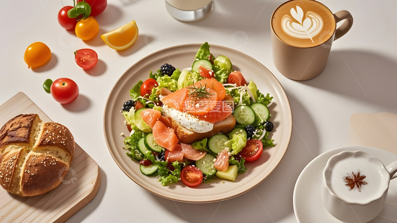 高清大图下载【趣麦麦图】木质餐桌上摆放的多彩水果沙拉与美食道具