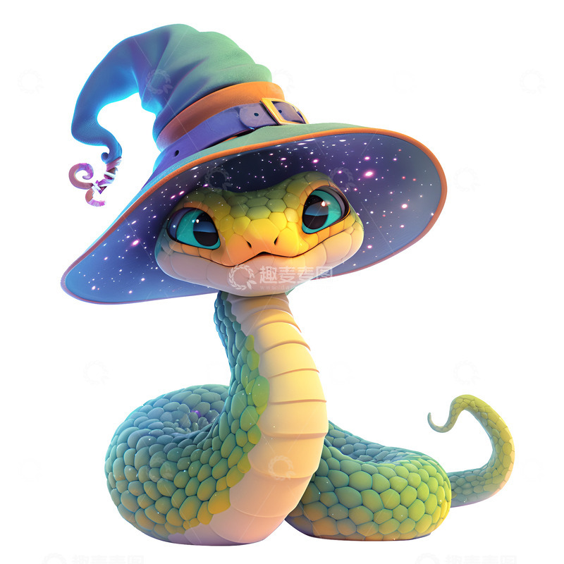 高清大图下载【趣麦麦图】卡通简约带着女巫帽子的绿蛇