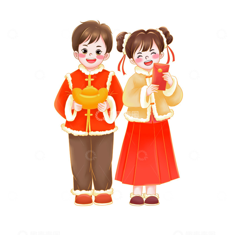 源文件下载【趣麦麦图】春节新年元旦手拿红包元宝男孩女孩