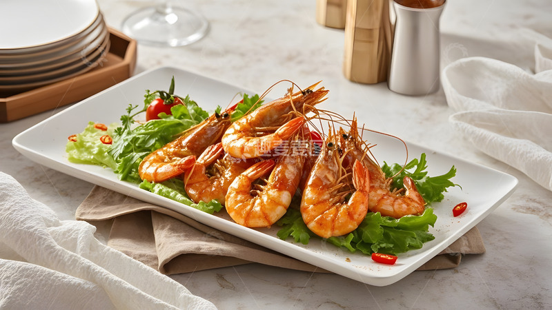 高清大图下载【趣麦麦图】新鲜柠檬搭配的大虾健康美食图