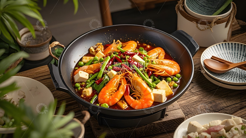 高清大图下载【趣麦麦图】清新自然背景中的大虾与蔬菜美食图