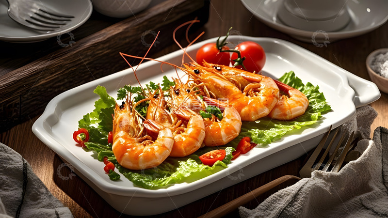 高清大图下载【趣麦麦图】红色背景衬托的中式大虾健康摄影