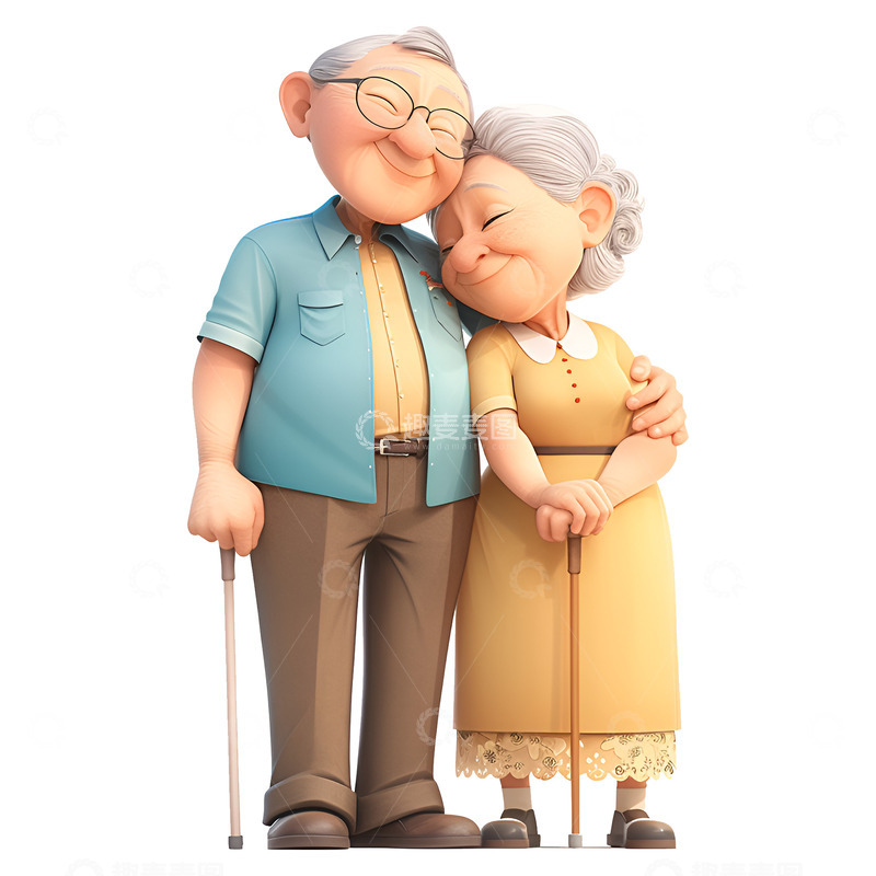高清大图下载【趣麦麦图】卡通简约互相依偎的老人