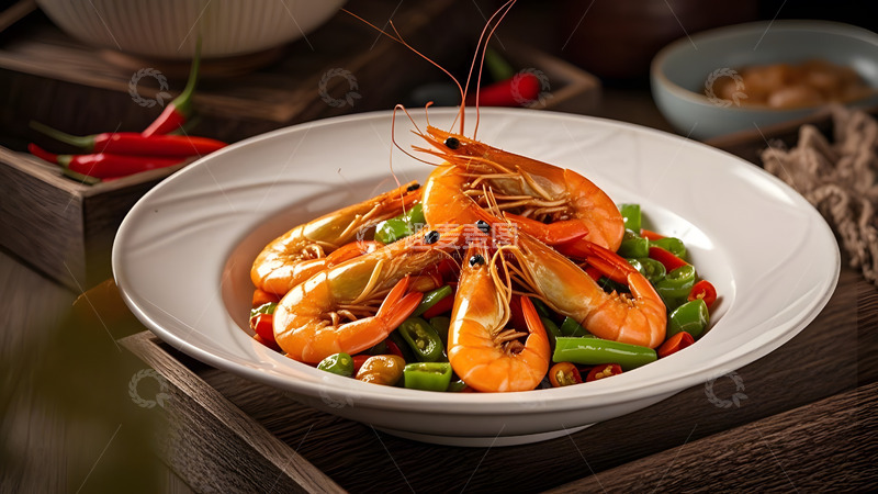 高清大图下载【趣麦麦图】陶瓷盘中摆放的大虾与柠檬健康饮食