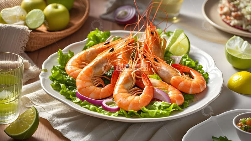高清大图下载【趣麦麦图】陶瓷盘中摆放的大虾健康美食摄影