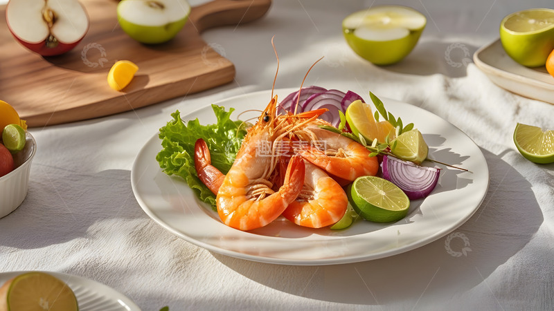 高清大图下载【趣麦麦图】木质餐桌上的中式大虾美食图