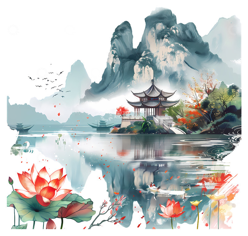 高清大图下载【趣麦麦图】湖面荷花山水素材