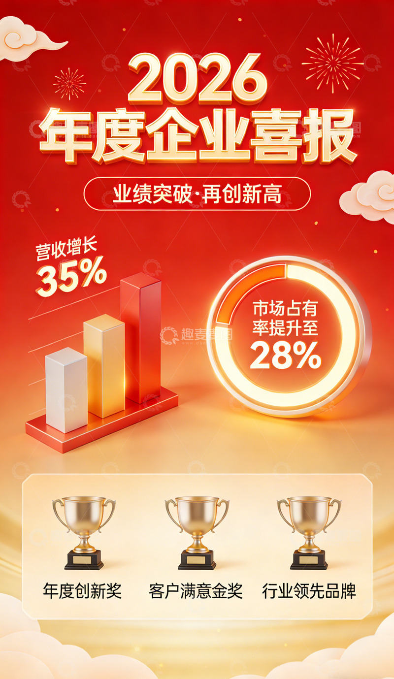 高清大图下载【趣麦麦图】2026年度企业喜报红金风格