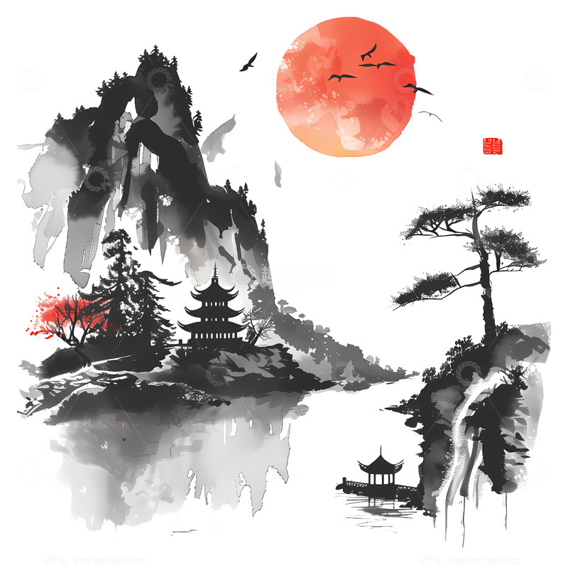 高清大图下载【趣麦麦图】水墨山水画素材