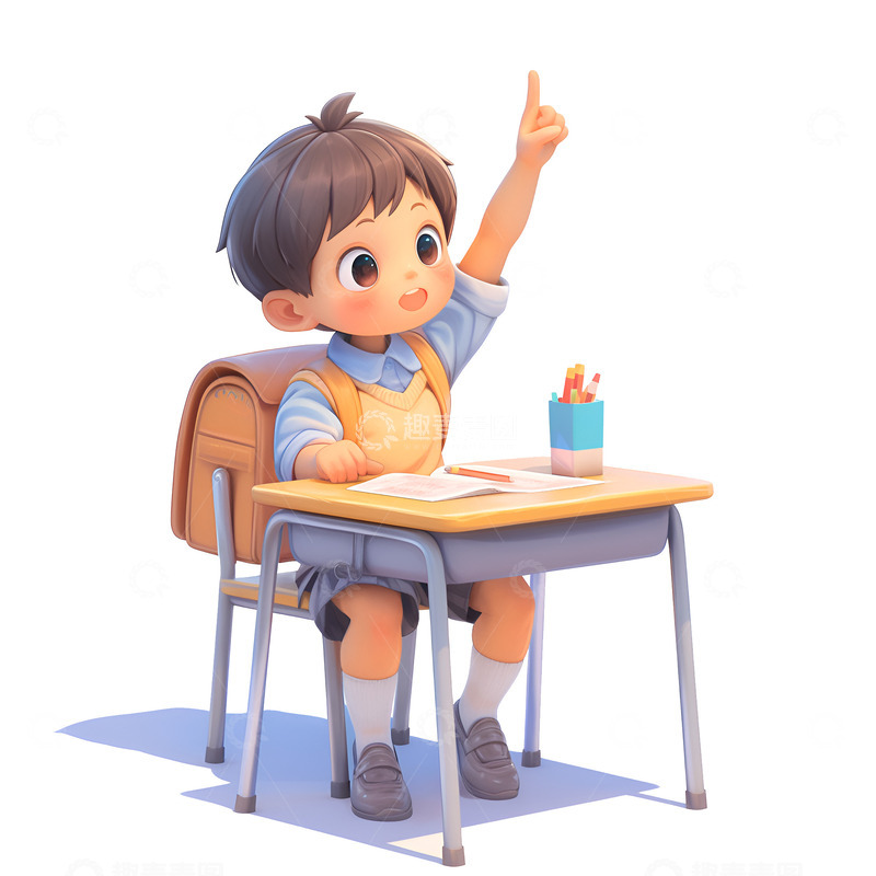 高清大图下载【趣麦麦图】卡通简约课桌前举手的男孩