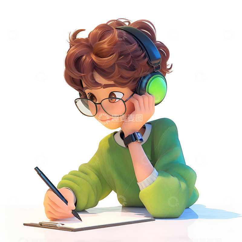 高清大图下载【趣麦麦图】卡通简约拿着笔思考的男孩