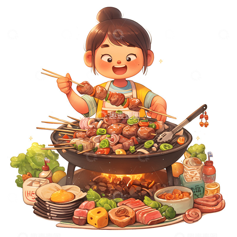 高清大图下载【趣麦麦图】卡通简约烤肉串的小孩