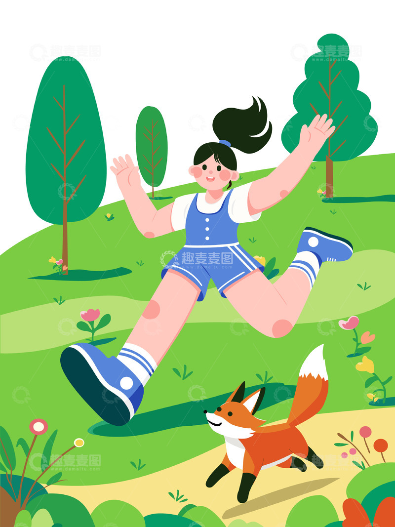 源文件下载【趣麦麦图】女孩和狐狸户外草地奔跑卡通矢量插画