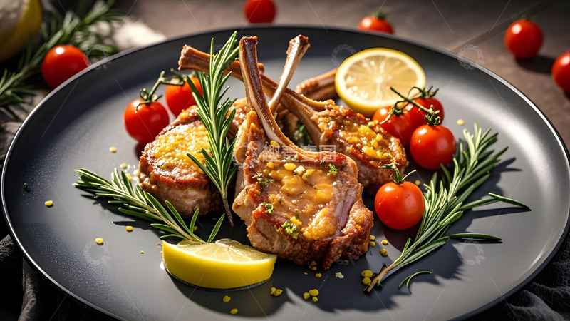 高清大图下载【趣麦麦图】木质餐桌上的中式羊排与配菜美味佳肴