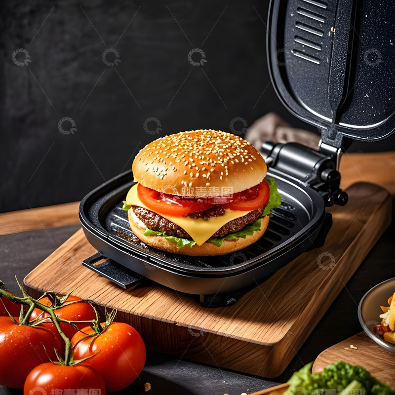 高清大图下载【趣麦麦图】复古铁盘中的汉堡与番茄健康饮食