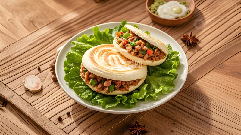 高清大图下载【趣麦麦图】木质盘中摆放的传统肉夹馍美食摄影