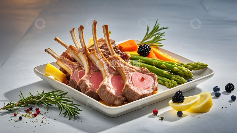 高清大图下载【趣麦麦图】现代餐桌上的羊排与中式配菜营养美味